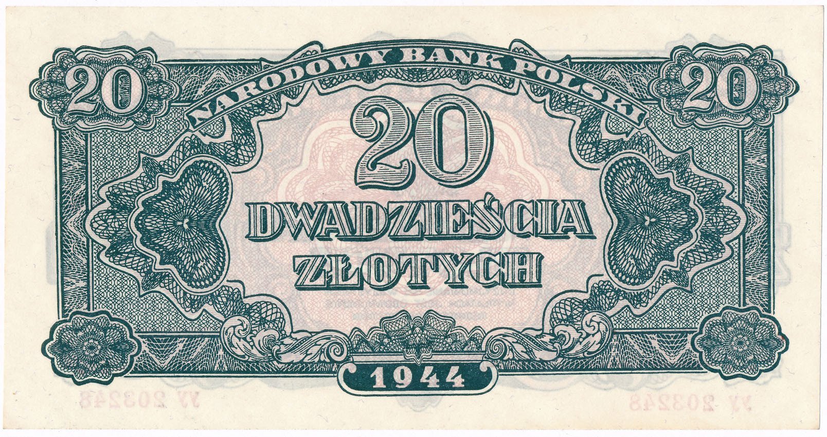 Banknot. 20 złotych 1944 seria yy OBOWIĄZKOWE